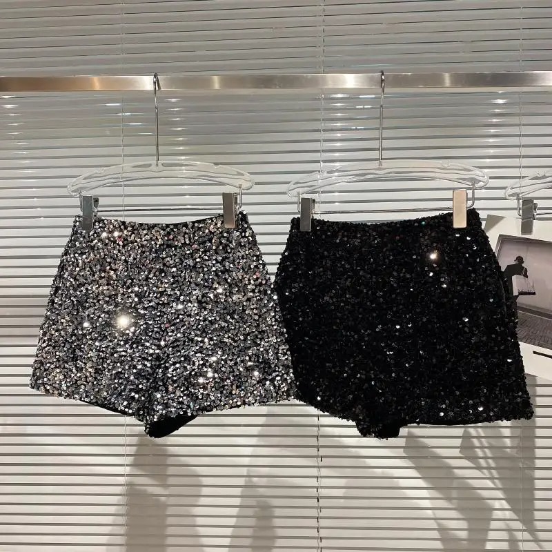 Short en Velours Noir pour Femme, Pantalon Court Polyvalent Brcorporelle à Paillettes, Nouvelle Collection d'Automne