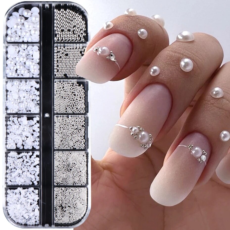 12 Gitter, weiße Perlen, Nagel-Charms, Kaviar-Perlen, Dekorationen, halbe Perlen, Nagelschmuck, Teile, DIY-Ornamente, Maniküre-Zubehör