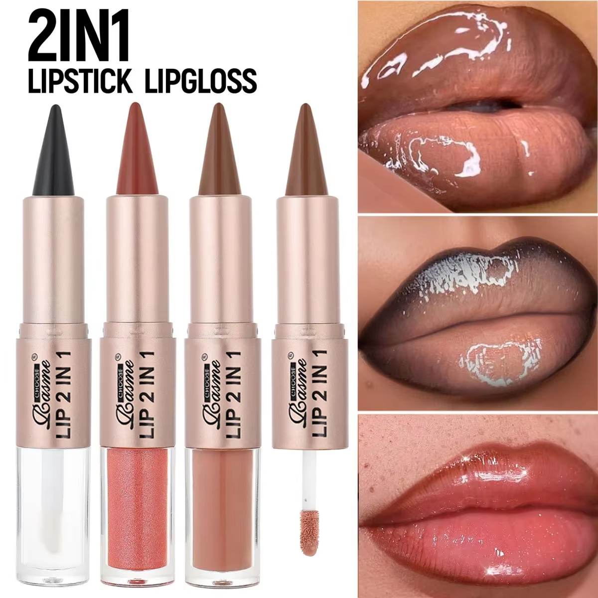2-in-1 Lipstick & Lipgloss, Dubbelzijdig ontwerp, Waterbestendige, langdurige lipliner, Hydraterende glanzende finish voor volle lippen