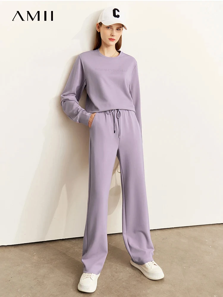 Amii Minimalist ฤดูใบไม้ร่วงผู้หญิงชุดแขนยาวสง่างามแบบลำลองขากว้างแบบแฟชั่นกางเกงกระโปรงแยก12240924