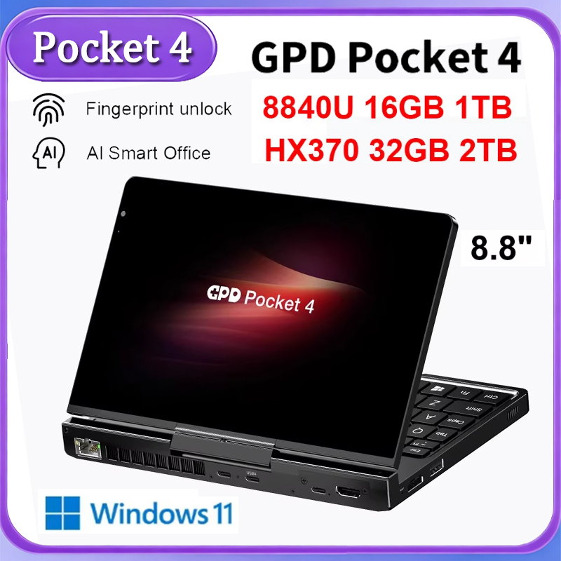 Oferta 2026: GPD Pocket4, Último Modelo con AMD AI 9 HX 370/8840U, 64GB, 2TB NVMe, Pantalla de 8.8 Pulgadas y 144Hz, Mini PC 2 en 1 Portátil/Tablet del Tamaño de la Palma de la Mano
