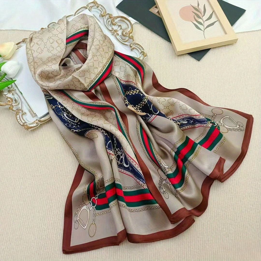 100% Mulberry Silk Long Scarf for Women Oblong Shawls for Headscarf Neck- Oblong Hair Wraps Gift Packed Brown Horse Tack Print