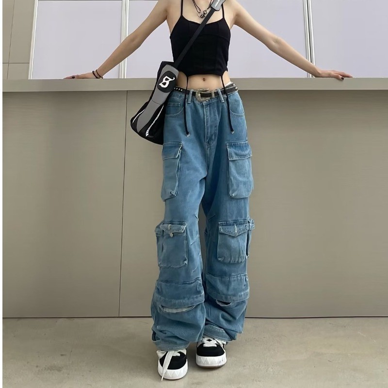 Trendy Women's Denim Workwear | Street Style Black & Grey Multi-Pocket Jeans | American Casual High-Waist Functional Design