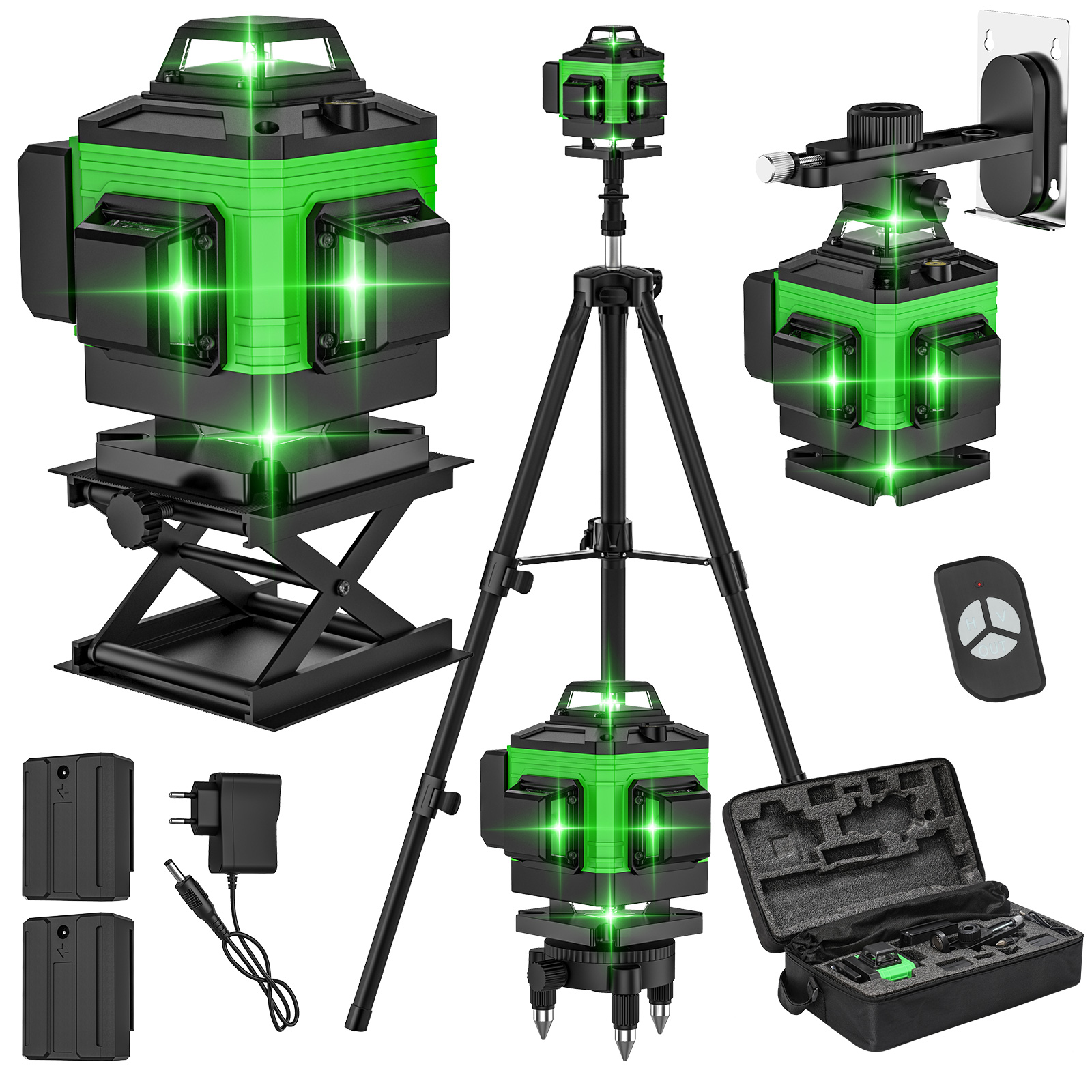 3×360 °   Niveau laser vert Classe 2 505-520 nm ±1/9 po à 33 pi Auto-nivelant 4 °   Outil de mesure laser pour la construction avec port de montage 1/4'', étanchéité IP54, batterie 2600 mAh et autonomie de 6 heures