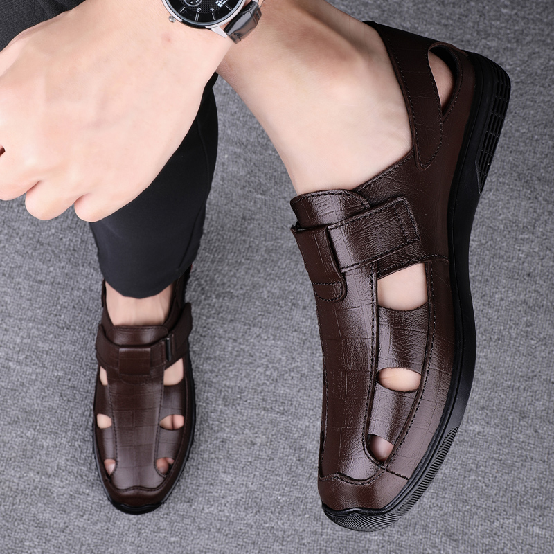 Sandales d'été légères pour hommes, chaussures de plage en cuir véritable, antidérapantes, décontractées, à la mode
