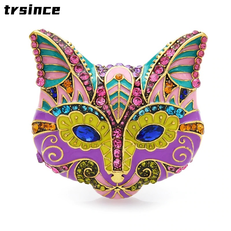 Broches de luxe multicolores en émail pour femmes, tête de chat et de renard, strass, animaux, fête, bijoux à la mode, cadeau, 2022
