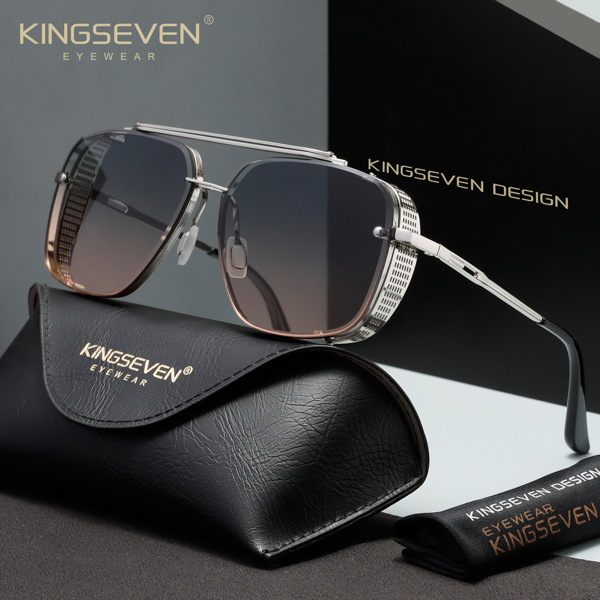 Óculos de Sol Luxuosos KINGSEVEN Polarizados Anti-reflexo UV400 Óculos de Moda com Lentes Gradientes para Homens e Mulheres com Armações Retangulares