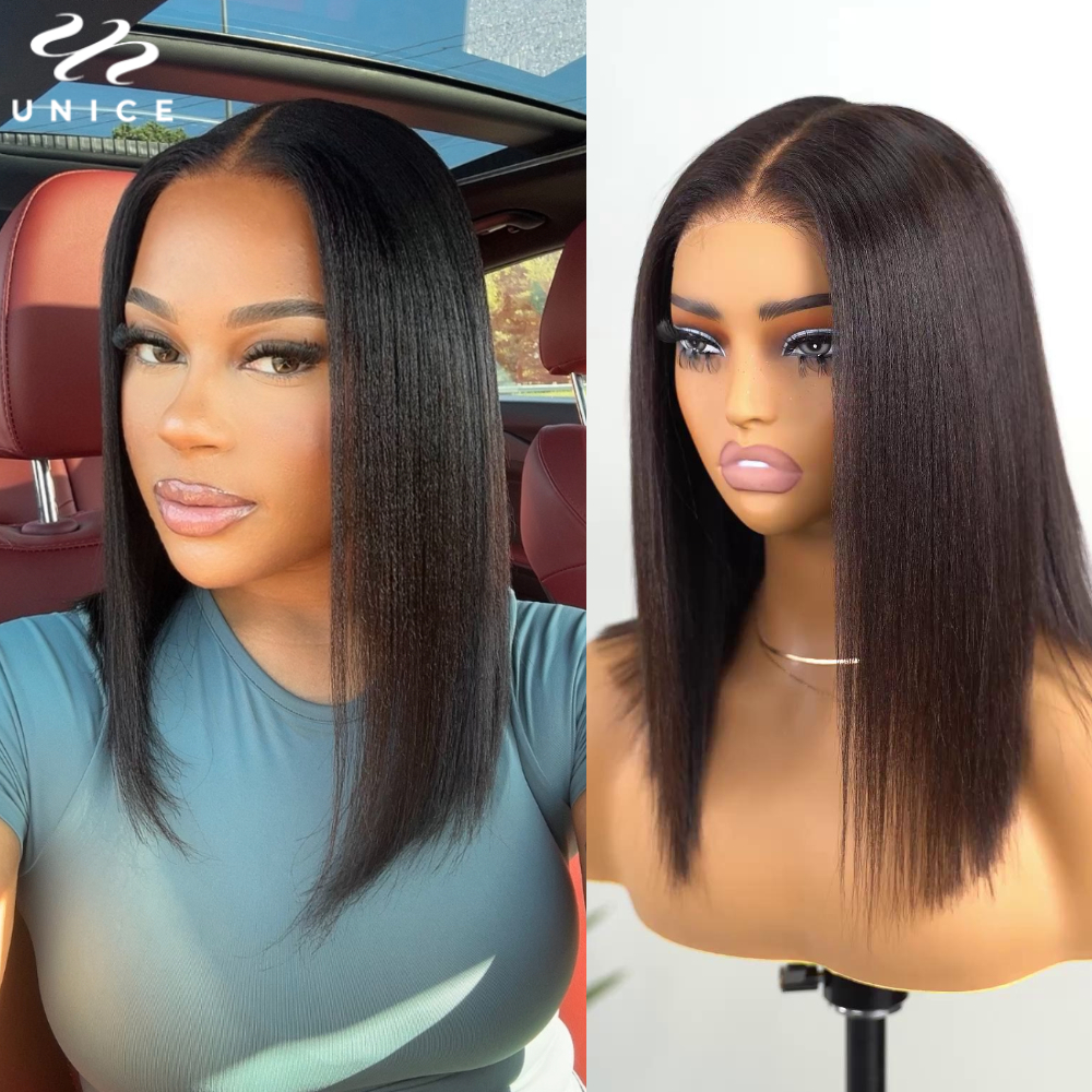 Peruca Bob Yaki Lisa 100% Cabelo Humano UNice com Cordão Ajustável 7x5 e 13x4, Perucas Bob Sem Cola