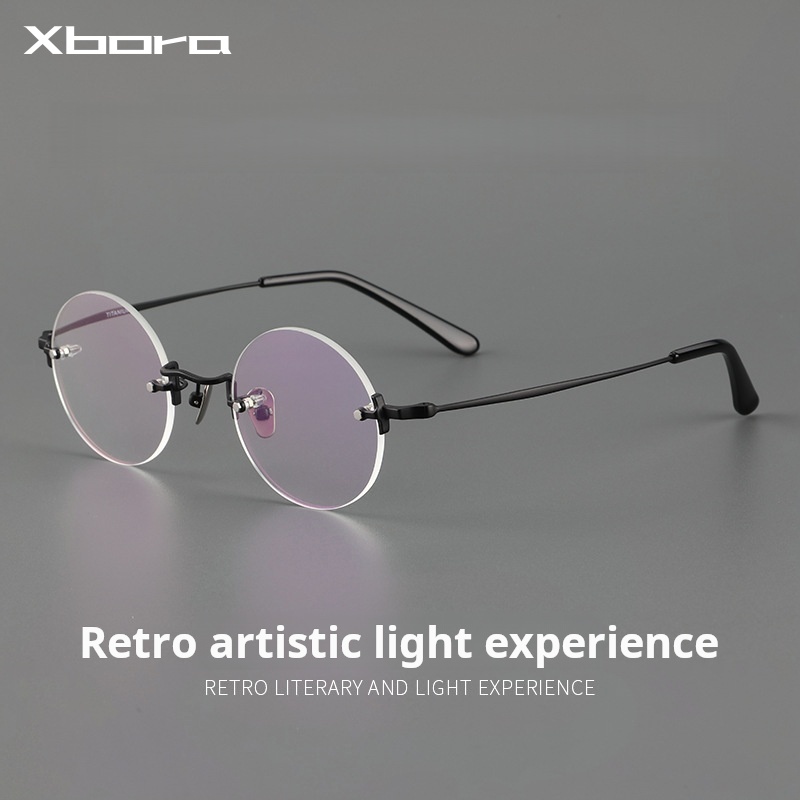 Xbora Randlose Myopie-Brille, Retro, kleines Gesicht, rund, für Herren und Damen, reines Titan, hochwertiges Brillengestell KMN272