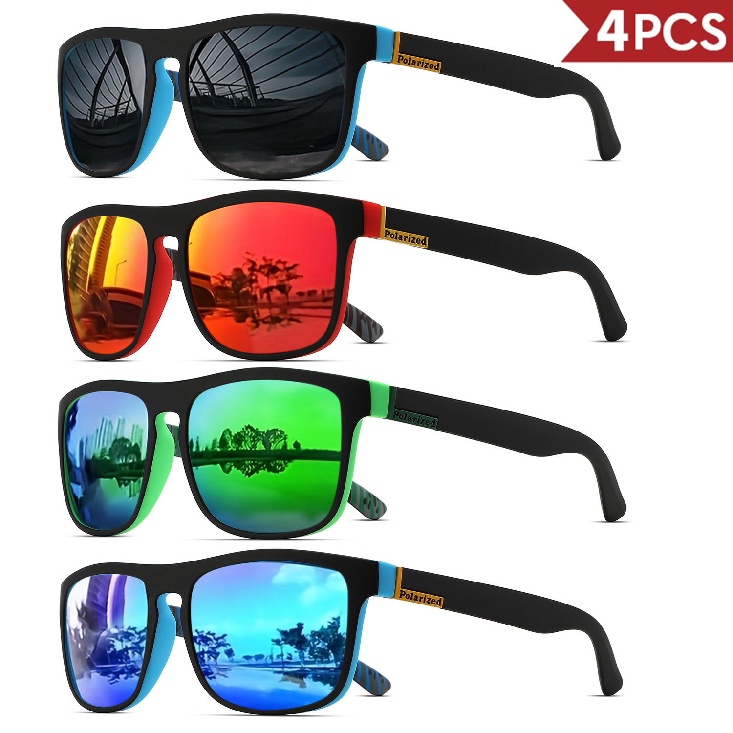 1/2/3/4PCS Kacamata Hitam Sport Pria Klasik Persegi Terpolarisasi Ringan Bingkai PC UV400 Unisex Tahan Lama untuk Mengemudi Memancing Bersepeda