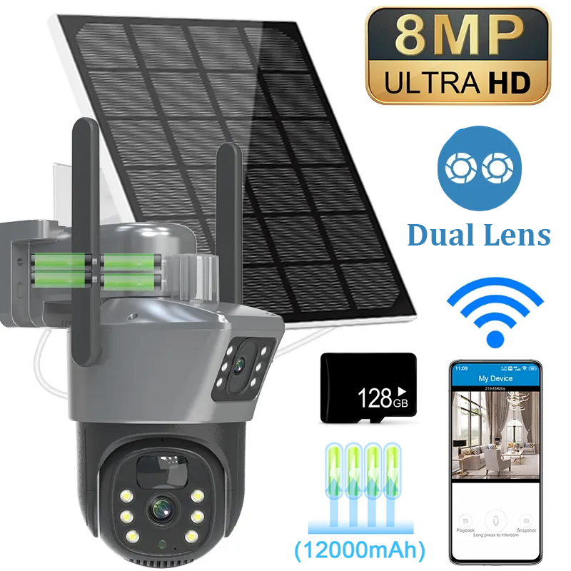4K 8MP WLAN-Solarkamera mit Doppellinse und Doppelbildschirm, Kabellose PTZ-Kamera für Außenbereich, Sicherheitsschutz mit Automatischer Verfolgung, Überwachungs-IP-Kamera