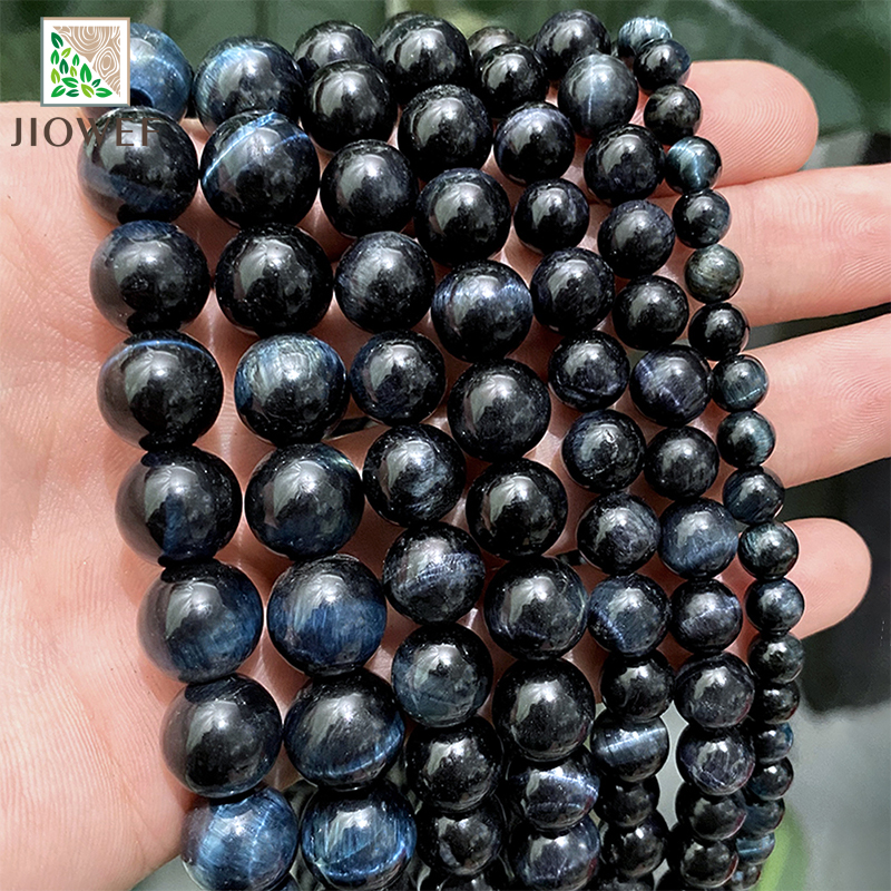 Ciemnoniebieskie czarne okrągłe koraliki tygrysiego oka do wyrobu biżuterii z kamienia naturalnego DIY Bransoletka Naszyjnik Akcesoria 15" Strand 6 8 10 12MM