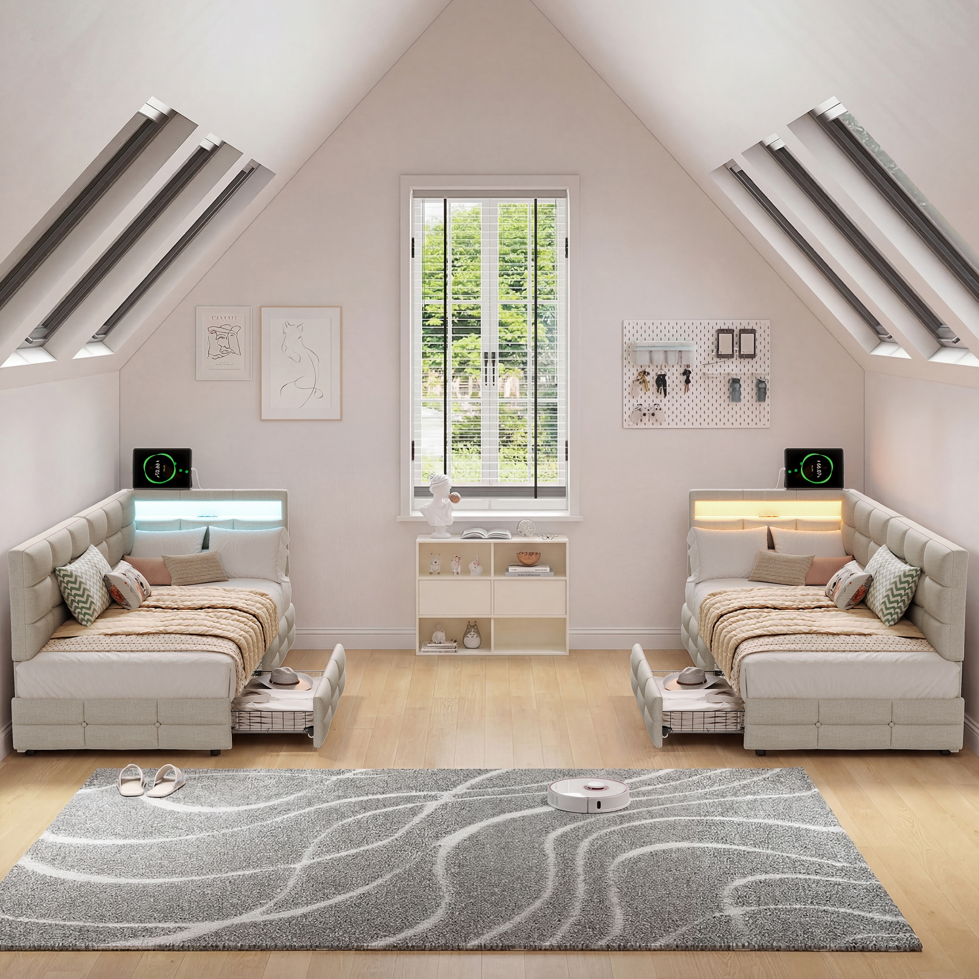 Łóżko dziecięce Rosahqnda 90x200cm, łóżko tapicerowane z USB i oświetleniem LED, rozkładana sofa jednoosobowa z 2 szufladami, tkanina lniana, bez materaca