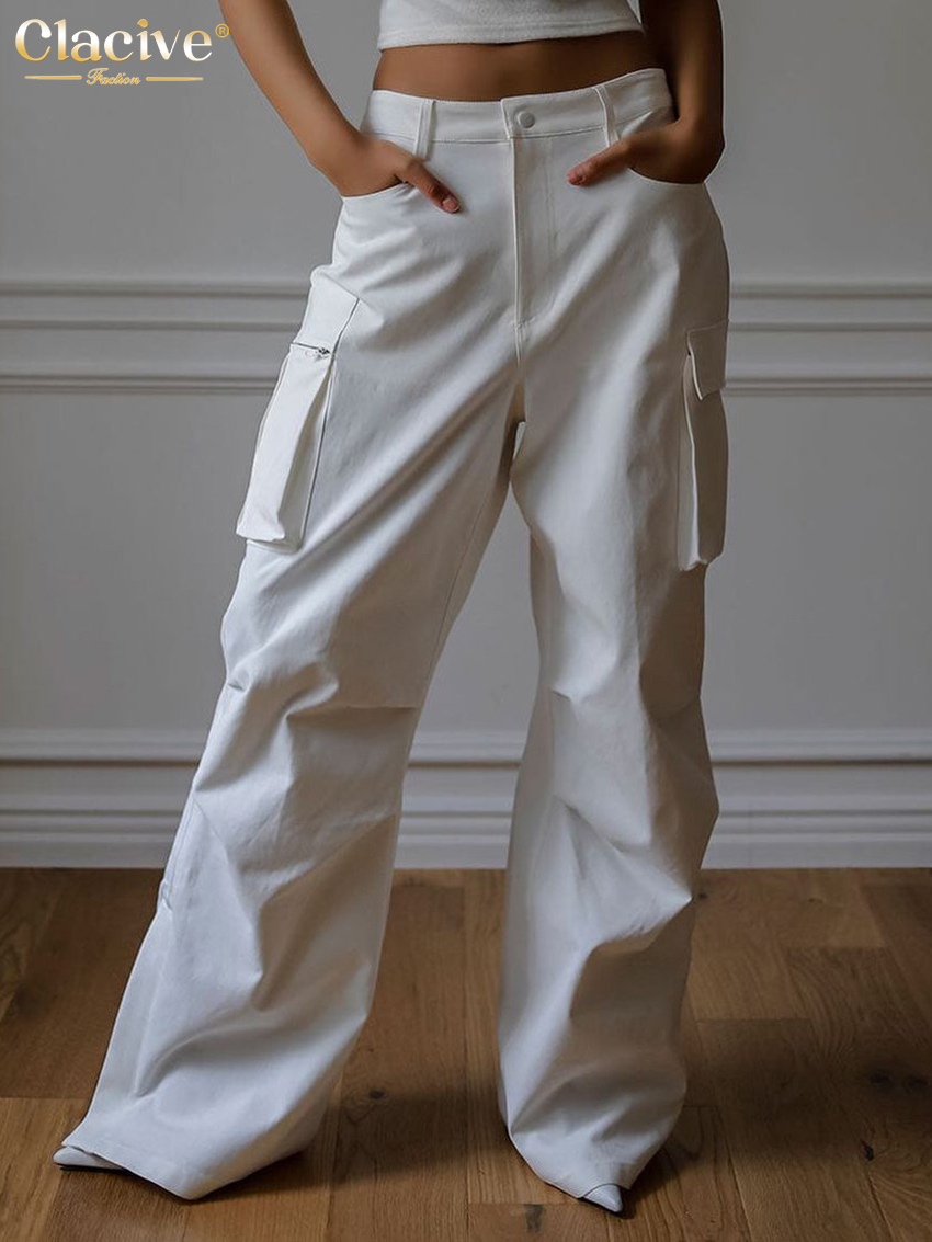 Clacive-pantalones Cargo holgados para mujer, pantalón elegante de cintura alta, longitud completa, ropa de calle recta con bolsillos, color blanco