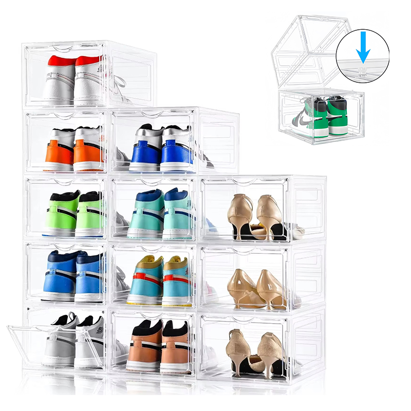 6/9/12 pack clear rack Space-Saving Magnetic Shoe Storage Box with Flip Cover, Stackable Clear Shoe Organizer for Home/Office
