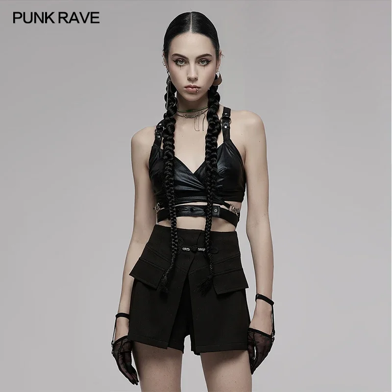 PUNK RAVE rivetti Punk da donna cinturino elastico Sexy Crop anelli in metallo personalità canotte corte nere abbigliamento donna estate