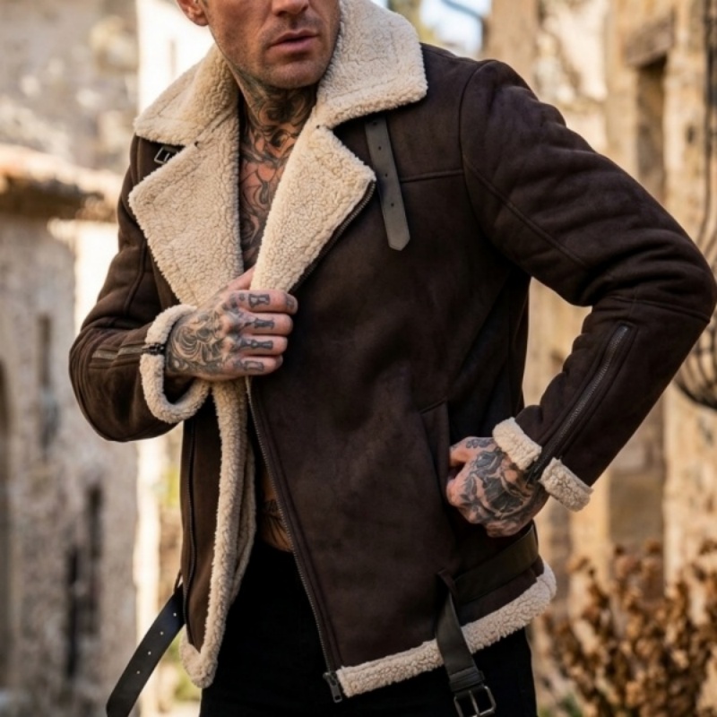 Veste d'hiver épaisse pour hommes, en faux daim, doublée de polaire, avec fermeture éclair, épaisse mais légère, avec ceinture, pour la randonnée en plein air et la chasse