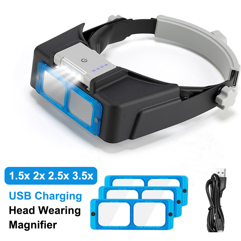 Cabeça profissional de carregamento usb usando lupa 1.5x 2x 2.5x 3.5x olho lupa 4 lente iluminada para relógio reparação joalheiro