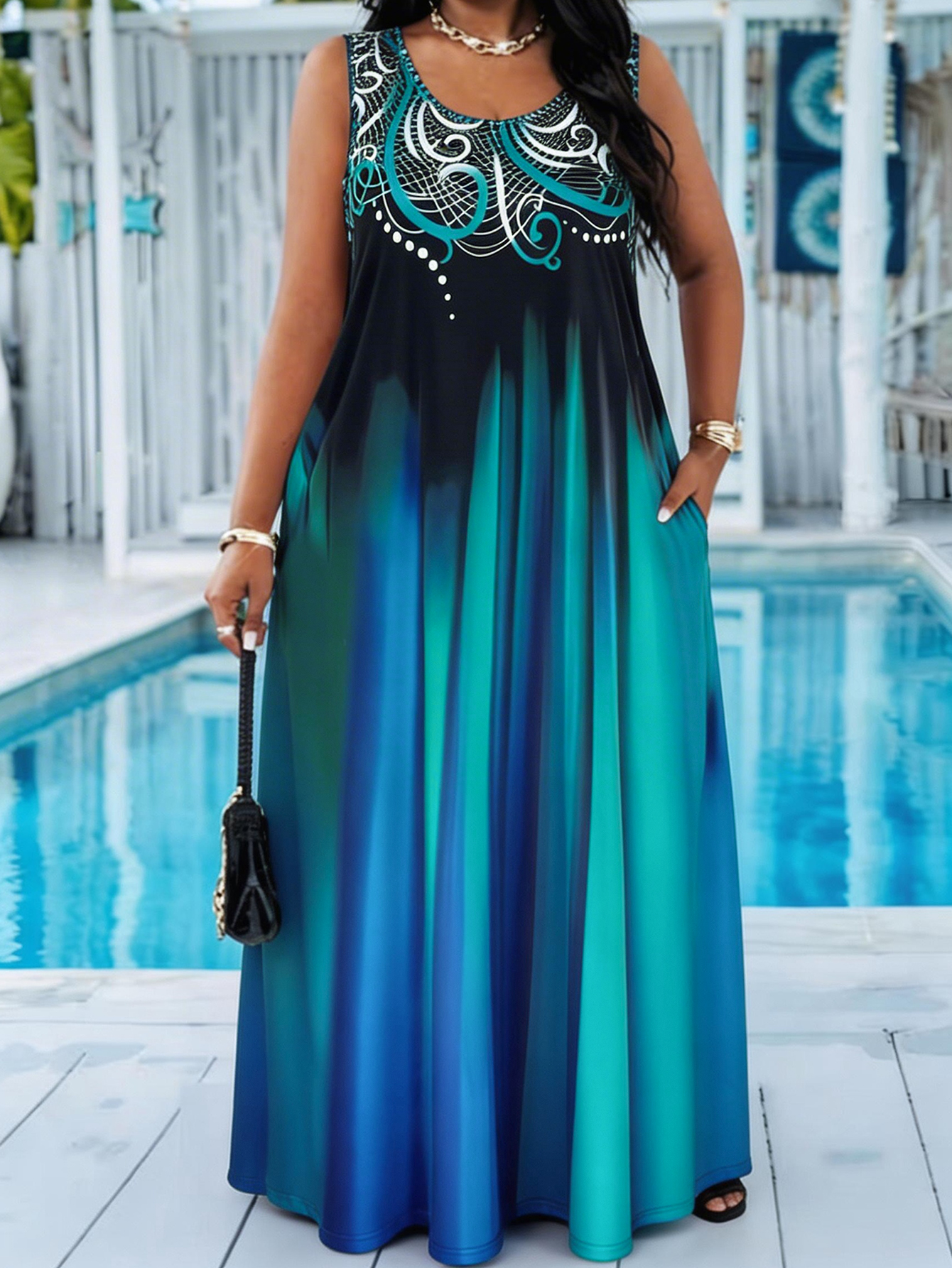 Vestido Maxi Plus Size com Estampa Gradiente Azul Teal, Casual de Verão, Decote Redondo, Sem Mangas, Solto, Longo, com Bolso