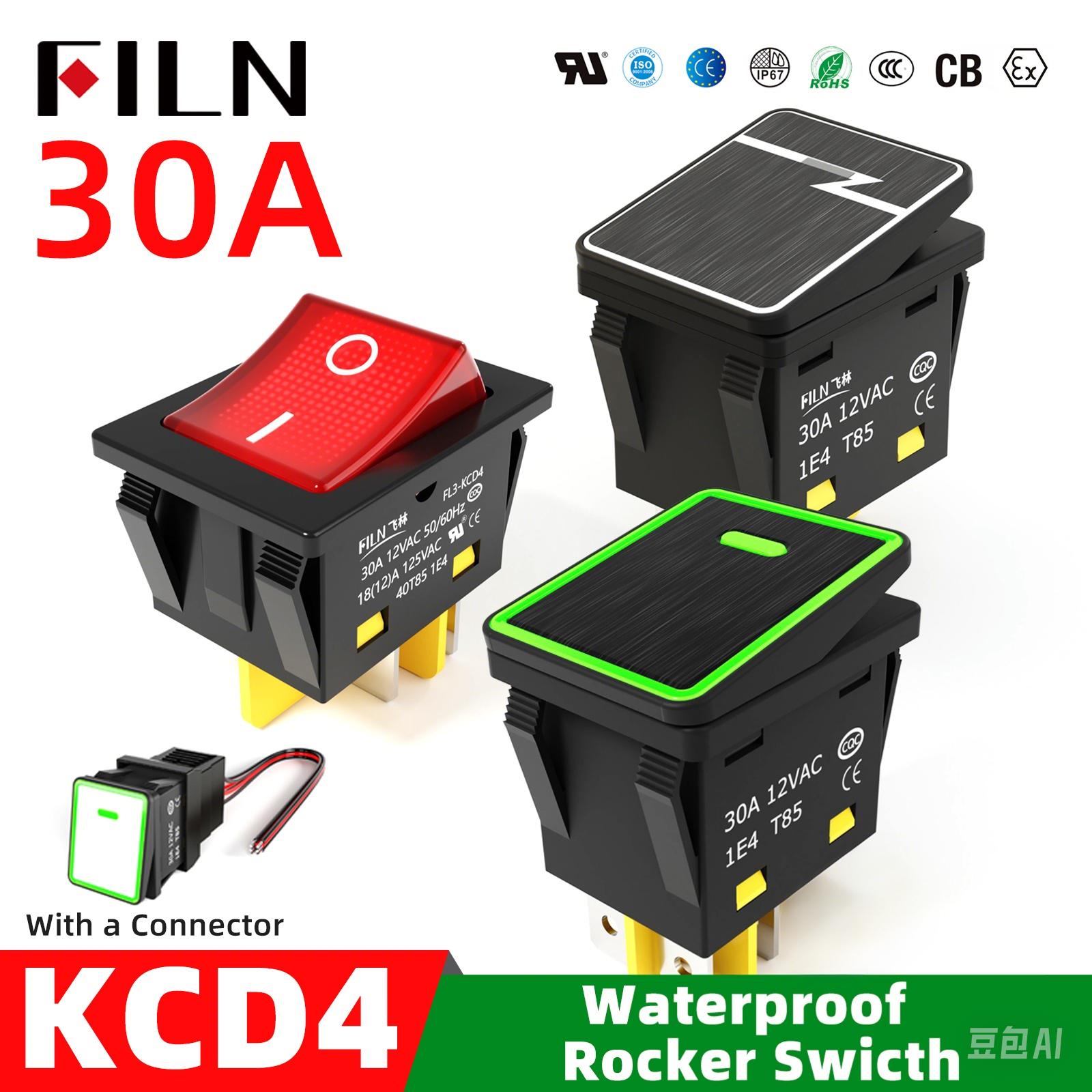 FILN 30A/250V Сверхмощный 4-контактный DPST IP67 Герметичный водонепроницаемый T85 Автоматический лодочный морской тумблер со светодиодом 12 В 220 В 30x22