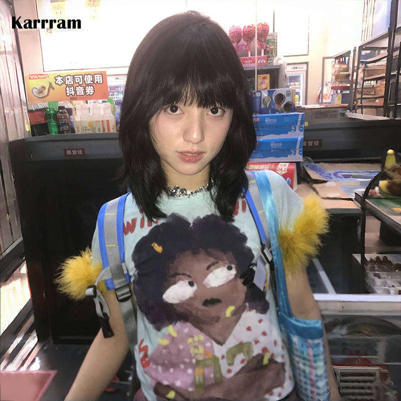Karrram Japanse Y 2K Graffiti Print T-Shirt Trashy 2000S Stijl Crop Top Vintage Harajuku Verwijderbare Bontmouw T-Shirt Amerikaans