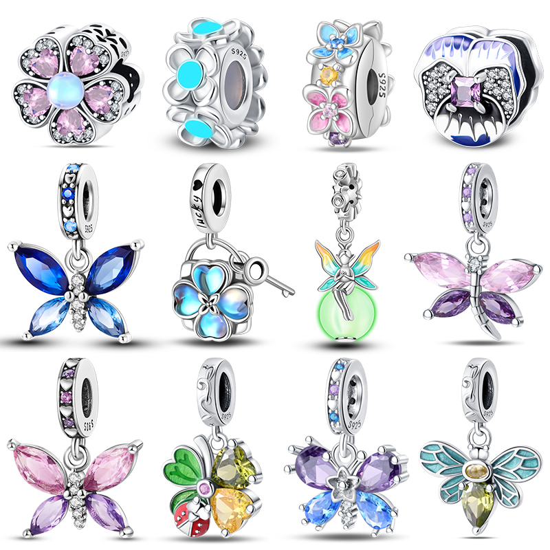 Wiosna 925 srebrny klejnot motyl ważka kwiaty Charms wisiorek Fit Pandach 925 oryginalne bransoletki DIY mała świeża biżuteria