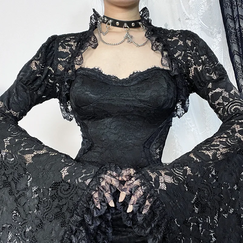 Klassieke Kanten Cover-Ups Vrouwen Mesh Crop Top Doorzichtig Sexy Flare Mouw Blouse Y 2K Black Rave Outfit Festival
