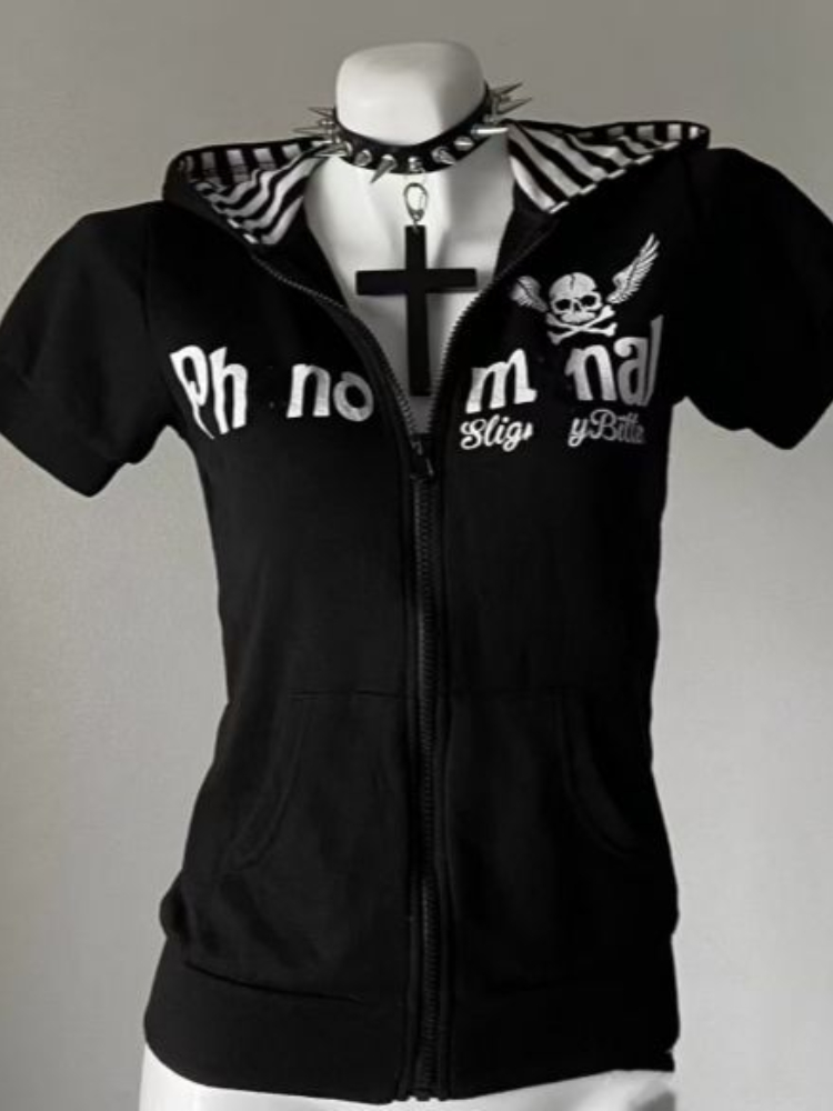 Cárdigan con cremallera y estampado de calavera subcultura Y2K para mujer, Sudadera con capucha a rayas ajustada de Japón, Tops informales, ropa de calle de moda