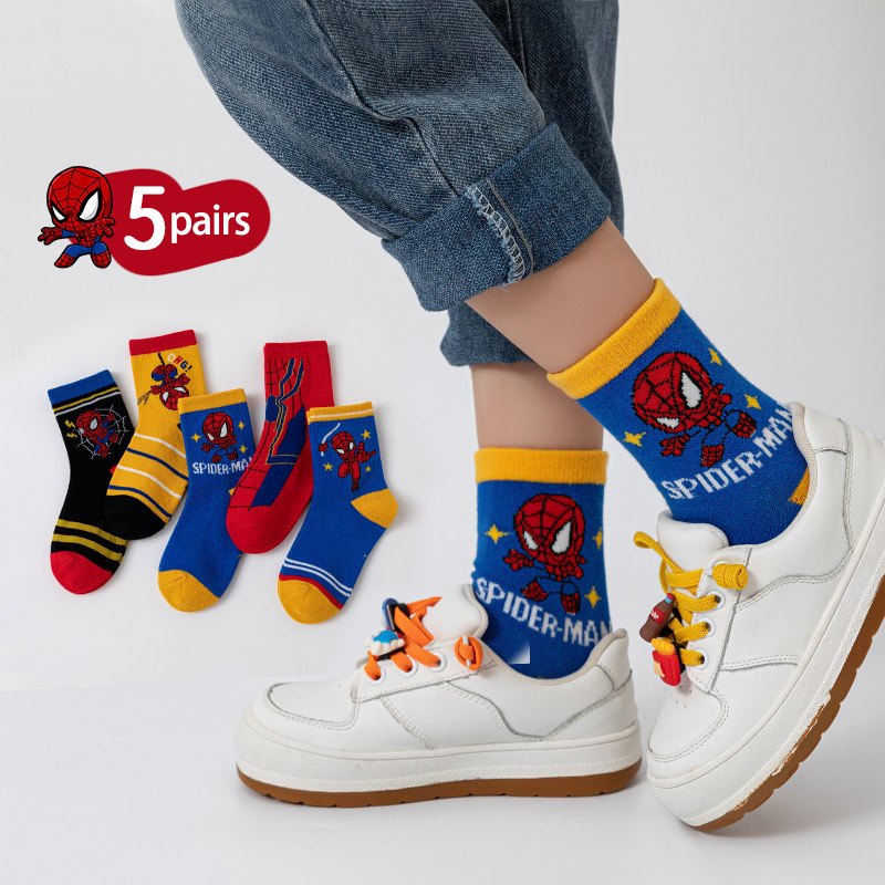 5 par/bolsa nuevos calcetines suaves de dibujos animados de SpiderMan lindos para niños calcetines de tubo medio de moda para niños calcetines de algodón para niñas de 1 a 12 años