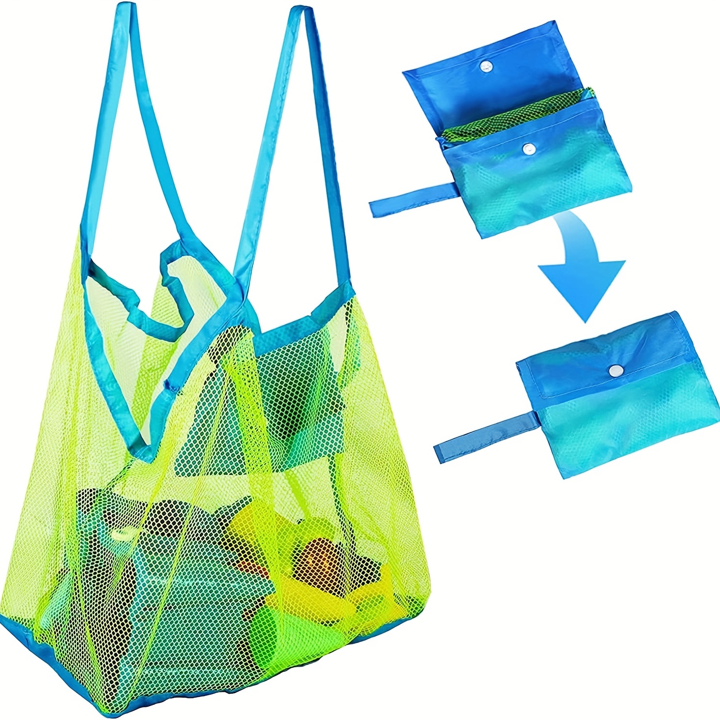 Bolsa grande de juguetes de playa de malla para jóvenes con bolsillos laterales azules y verdes, bolsa duradera para coleccionar conchas para juguetes de arena, natación