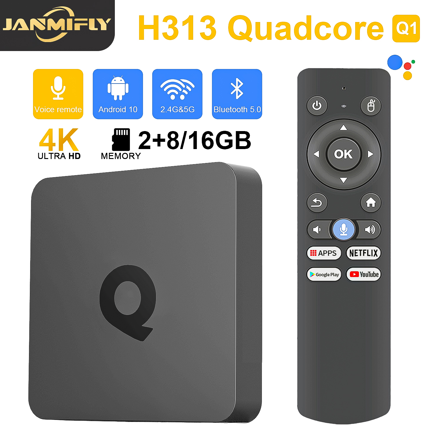 Q1 เสียงระยะไกล Set-top Box Quadcore 4K HD 2.4G 5.0G Dual WIFI 3D กราฟิกการเร่ง Allwinner H313 สตรีมมิ่งกล่องสมาร์ททีวี