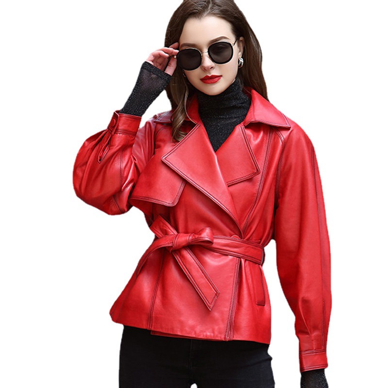 Chaqueta de cuero rojo para mujer, Tops genuinos de moda, Chaqueta corta de piel de oveja, abrigos de motocicleta, abrigo con cinturón, primavera y otoño