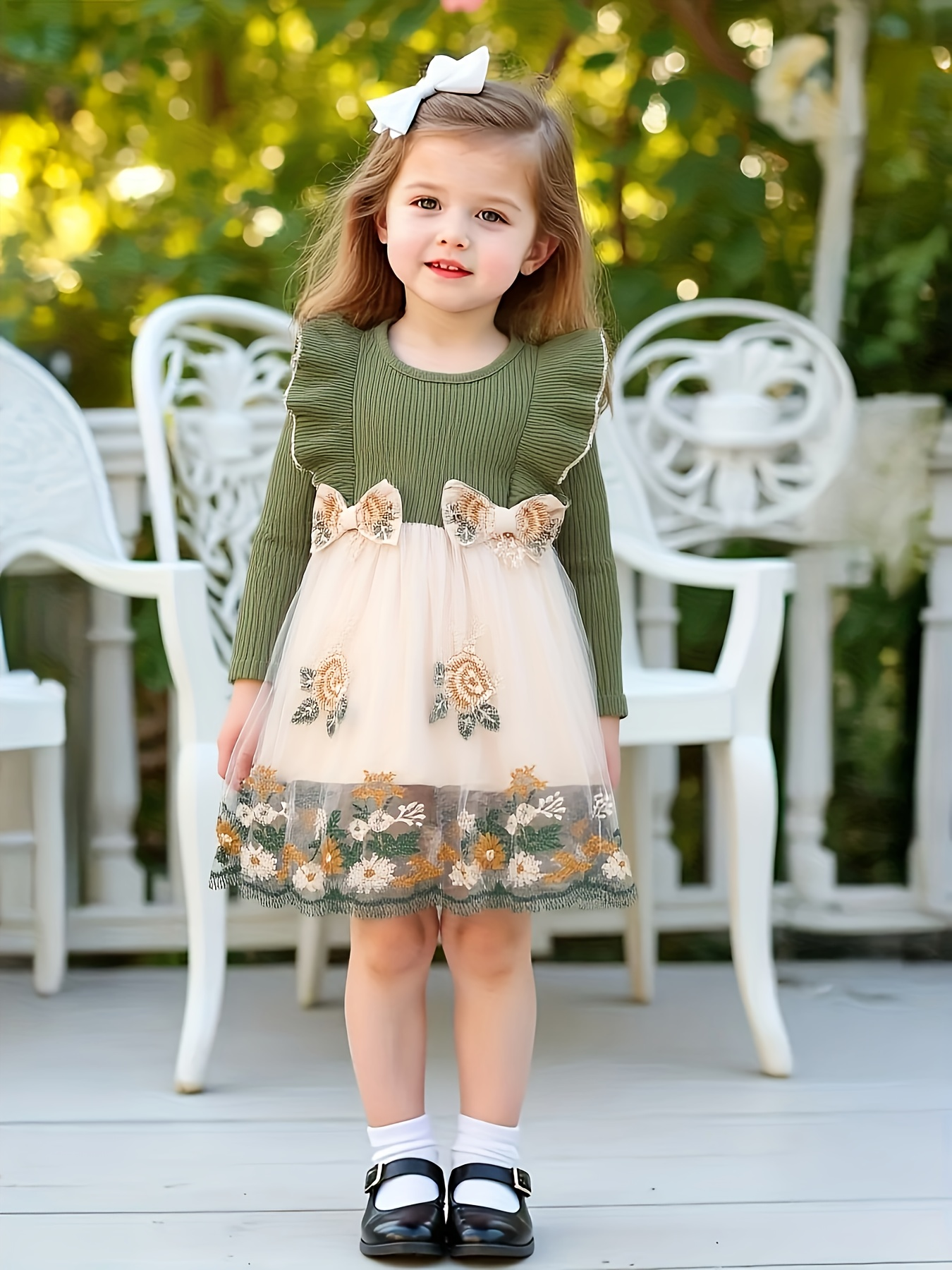 "Robe en tricot de style forêt pour filles |   Haut côtelé vert olive avec jupe en tulle – Robe de princesse florale brodée avec nœuds 3D"