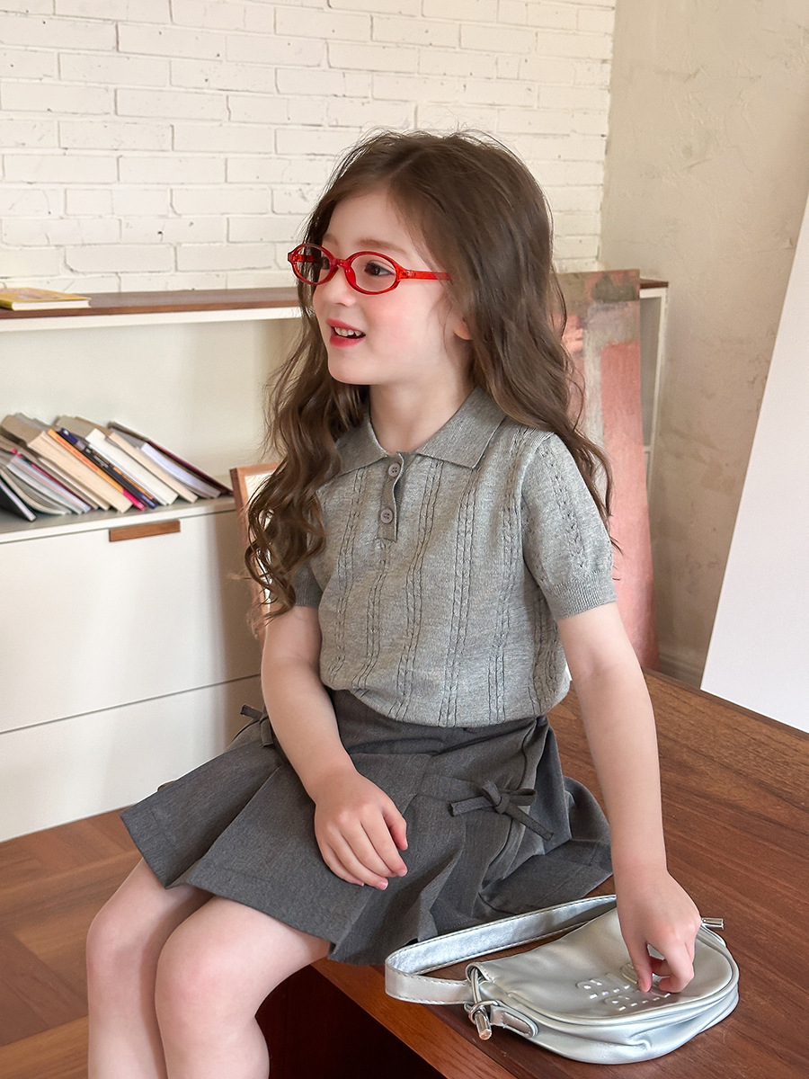 T-shirt d'été tricoté à fleurs torsadées pour filles, couleur unie, loisirs pour enfants, édition coréenne, col POLO, haut à manches courtes, 2025 Sch