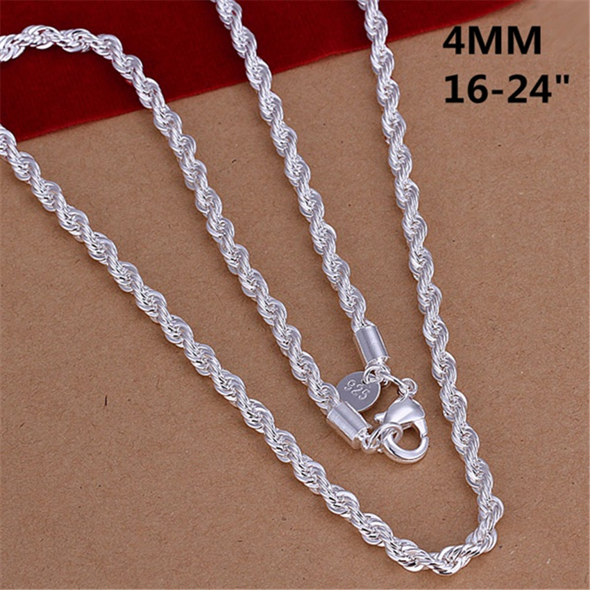 16-24inch for Women Men Beautiful Fashion 925 Silver Color Charm 4MM Rope Chain Necklace Fit Pendant High Quality Jewelry