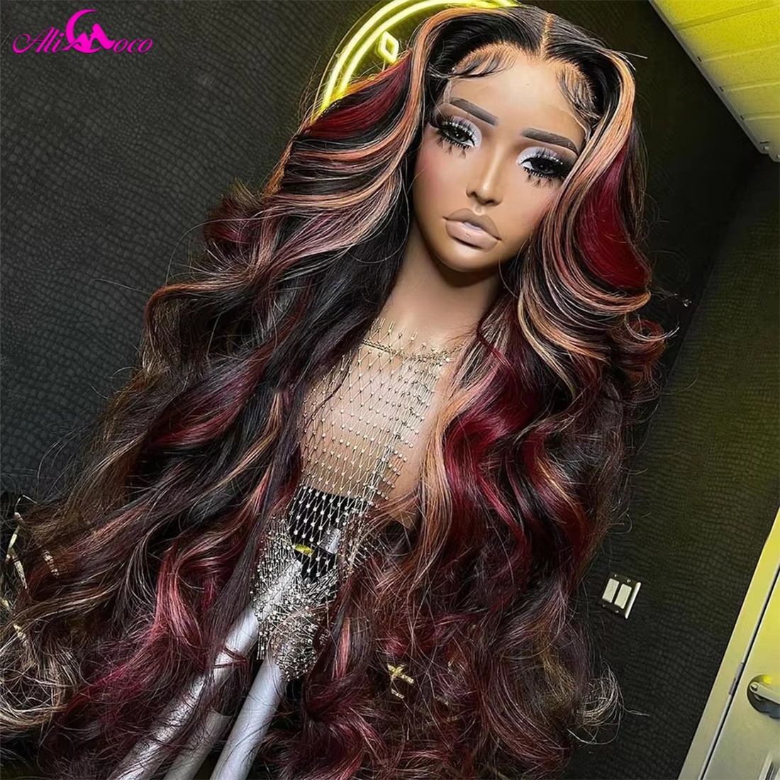 สีดําสีแดงสีบลอนด์ Highlight Wig180 % ความหนาแน่นสีบลอนด์สีแดงไฮไลท์ 13X4 HD ลูกไม้ด้านหน้า Glueless Balayage วิกผมผมมนุษย์สําหรับผู้หญิง
