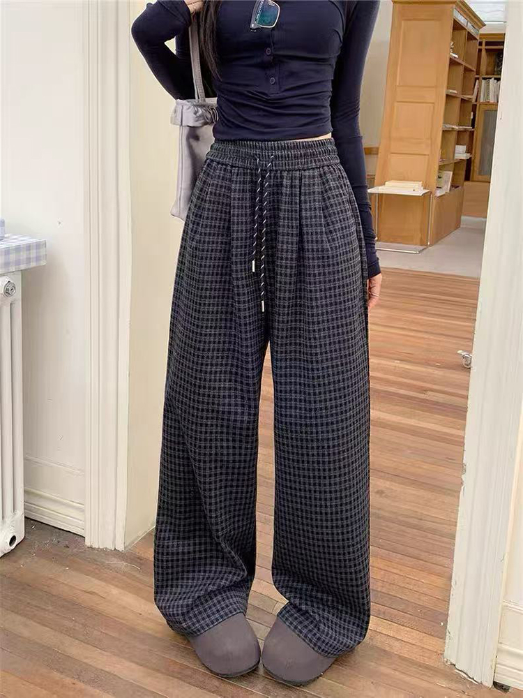 Azul xadrez calças de perna larga feminina outono cintura alta cordão solto calças casuais y2k inverno grosso casual tornozelo comprimento calças