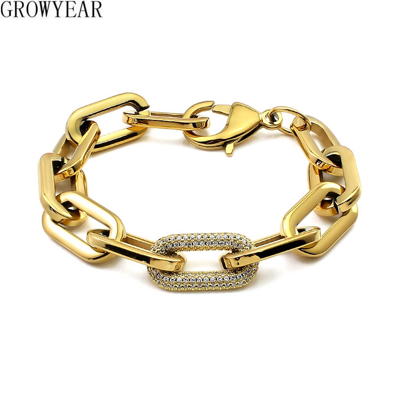 Bracelets à maillons en acier inoxydable pour femmes et hommes, bracelet à maillons en cristal, couleur or exagérée, grands Bracelets épais