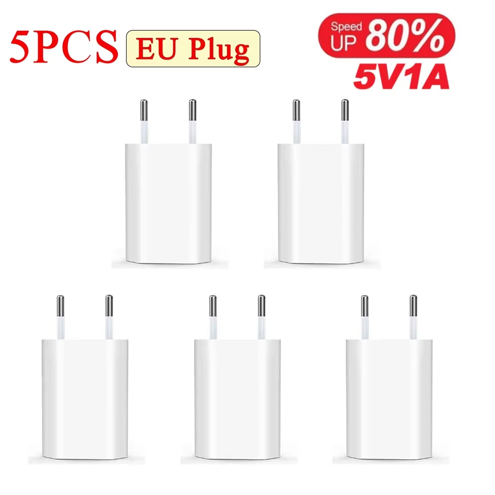อะแดปเตอร์ชาร์จไฟแบบ USB 5V/1A สำหรับใช้ในบ้านและเดินทาง 1-5 ชิ้น หัวปลั๊กแบบ EU สำหรับชาร์จโทรศัพท์มือถือ รองรับ iPhone Samsung Xiaomi 15