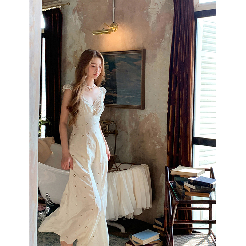 MEXZT-vestido Midi ahuecado Vintage para mujer, elegante vestido de fiesta de graduación, escote en V, una pieza, verano coreano, vacaciones, ceñido al cuerpo