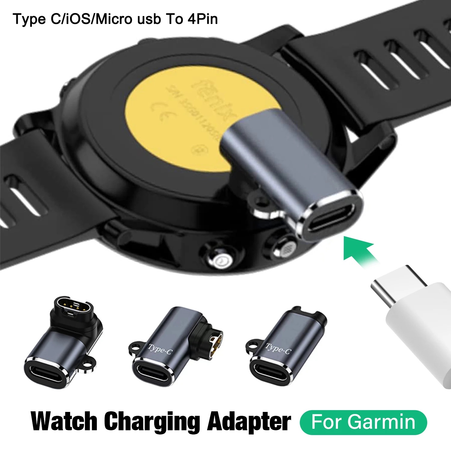 Adaptador de Carregamento USB Tipo C/Micro/iOS para Conector de 4 Pinos para Relógios Garmin Fenix 7/6/5/7X/6X/5X/Venu 2 Plus