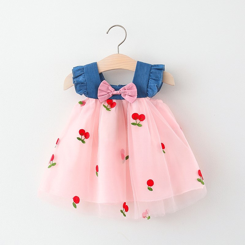 Vestido de verano para niña, vestido de princesa de malla de color cereza bonito con lazo y mangas voladoras, adecuado para bebés de 0 a 3 años