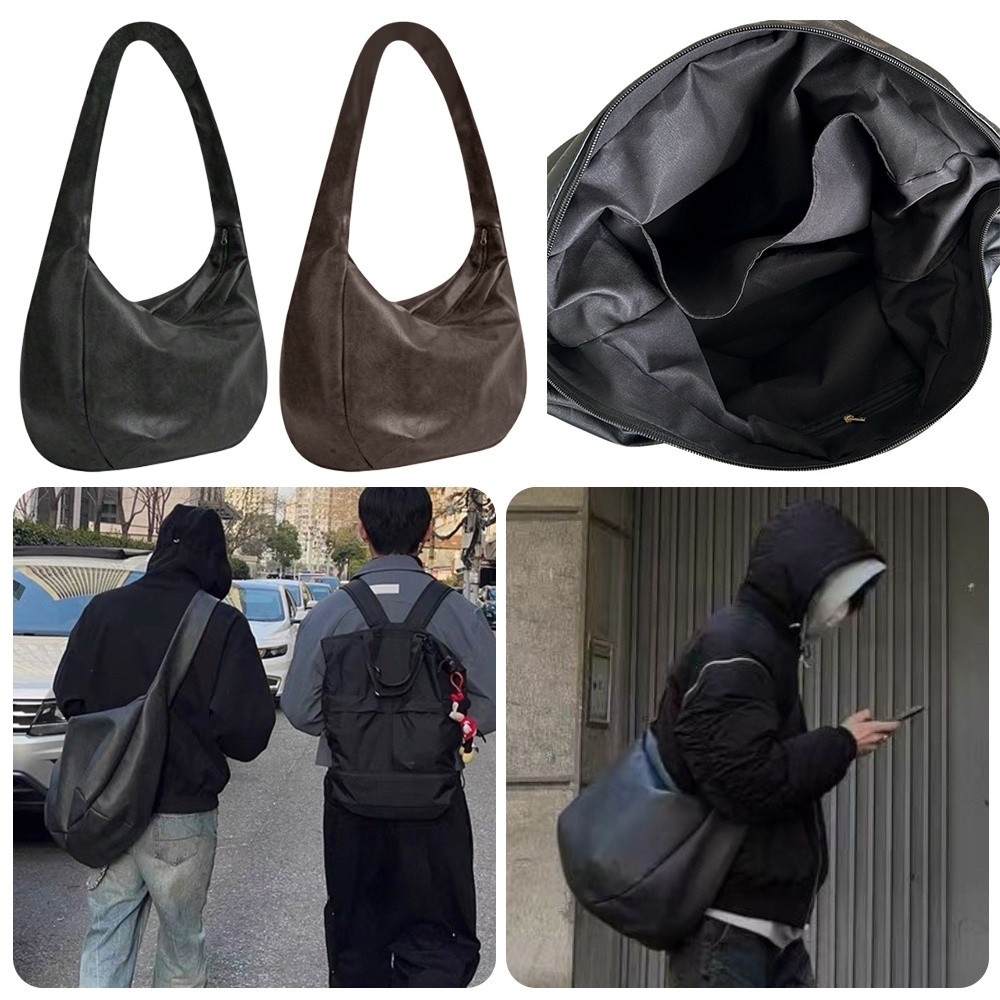 Bolso Cruzado de Estilo Vintage para Hombre ​ ​   Bolso bandolera de cuero PU de gran capacidad, bolso de hombro informal plisado para hombres y mujeres