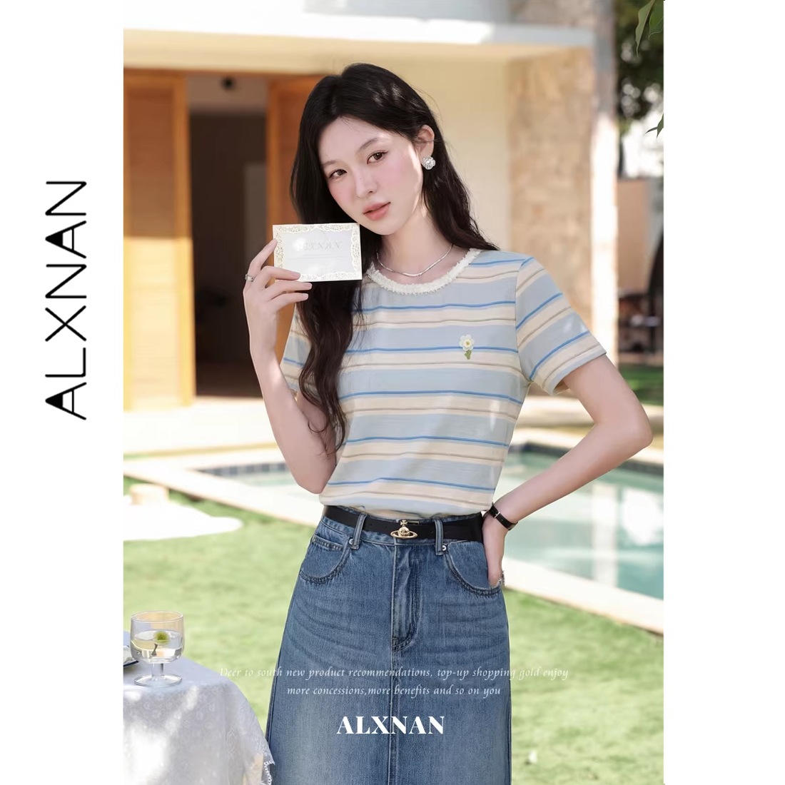 ALXNAN Blau gestreiftes T-Shirt aus Baumwolle, elegant, locker sitzend, lässige T-Shirts, 2026, Sommer, Büro, Dame, Kurzarm-Tops, weiblich, L557121