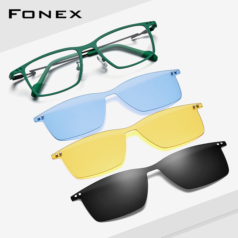 FONEX แว่นตาไทเทเนียมบริสุทธิ์ผู้ชาย 2026 แว่นตาทรงสี่เหลี่ยมแม่เหล็กคลิปกรอบแว่นตาพร้อมการมองเห็นตอนกลางคืนและเลนส์โพลาไรซ์ 3D 85796