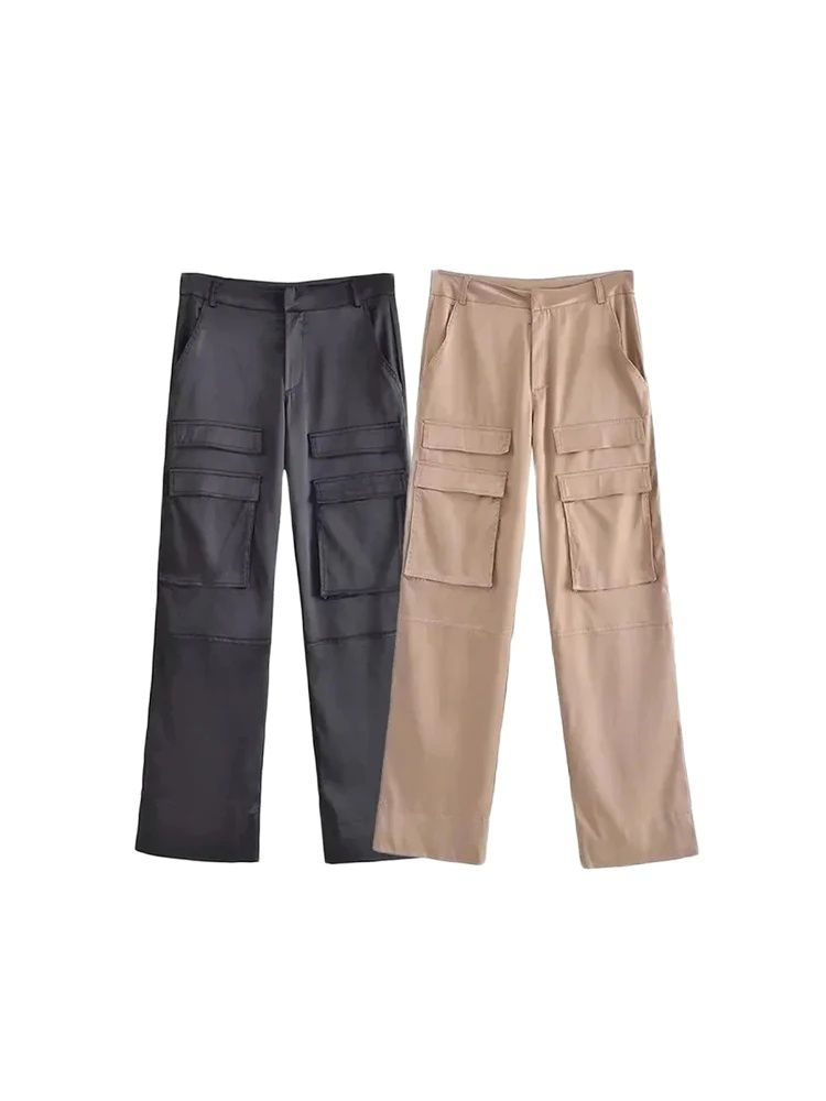 Femmes mode avec poches Satin Cargo pantalon Vintage taille haute veste pour homme femme pantalon Mujer