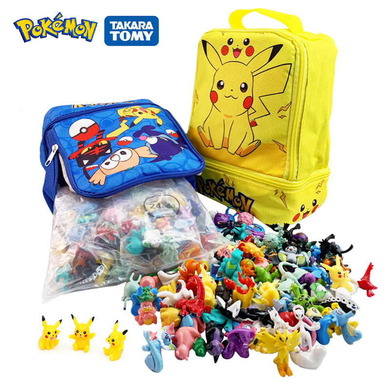 Set patung boneka Pokemon, 24-144 buah tas mainan kecil Mini aksi Anime, koleksi patung boneka Monster Elf ball Pikachu, hadiah anak-anak