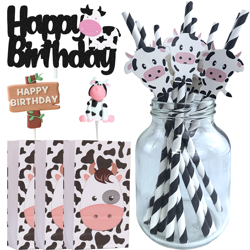 Sedotan kertas dekorasi DIY pesta hewan pertanian tas dan Topper kue untuk anak-anak Baby Shower sapi gudang perlengkapan pesta ulang tahun