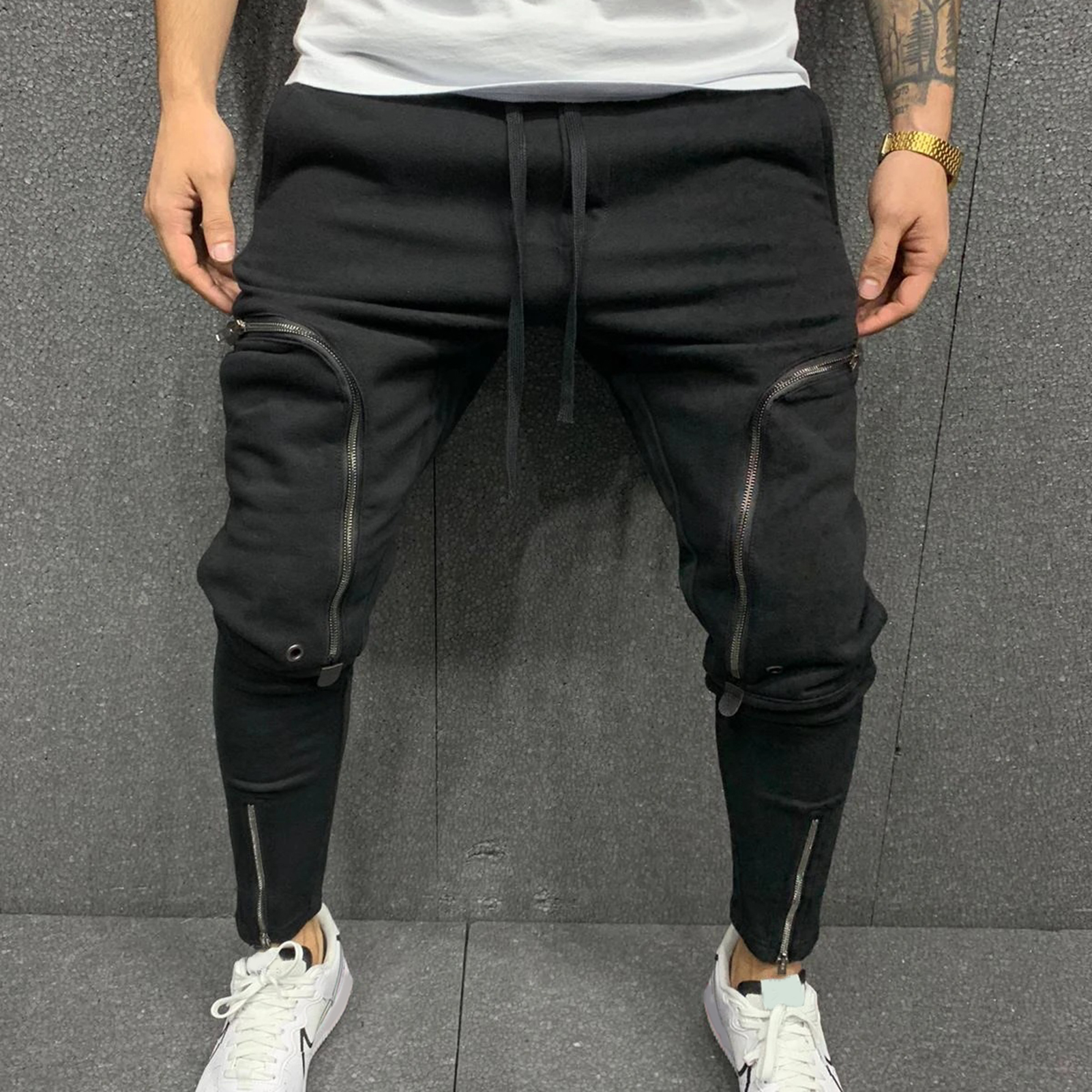Patchwork sólido hombres bolsillos grandes Hip Hop para hombre pantalones largos pantalones deportivos para correr