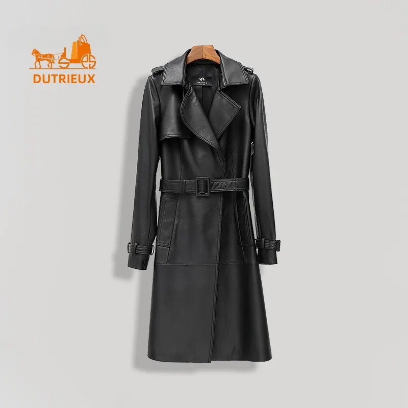 Nova jaqueta de couro genuíno de inverno para mulheres, lapela longa fino ajuste leve casaco de pele de carneiro de luxo, jaqueta corta-vento de couro genuíno